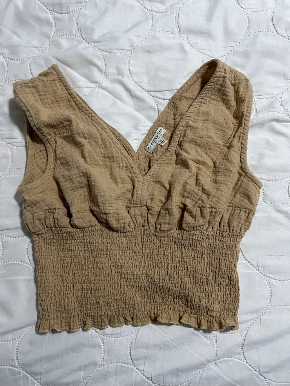 EARTHBOUND Tan Smocked V-Neck Crop Top